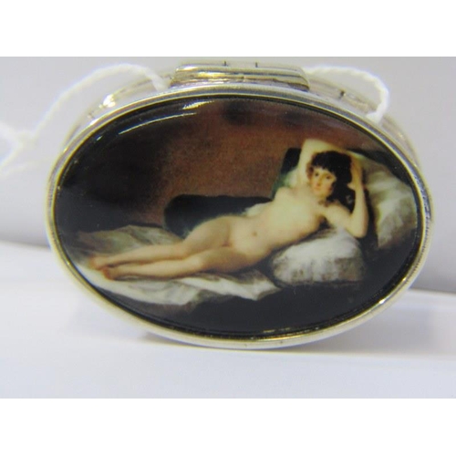 172 - RISQUE SILVER & ENAMEL PILL BOX, oval silver pill box, rising top decorated a naked lady, 3.8cm diam... 