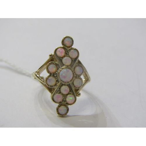 174 - OPAL CLUSTER RING, 9ct yellow gold ring, set a cluster of 13 opals in a lozenge form setting, size M