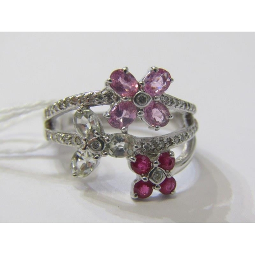 178 - RUBY, PINK SAPPHIRE & DIAMOND MULTI STONE RING, 18ct white gold ring, set clusters of ruby, pink sap... 