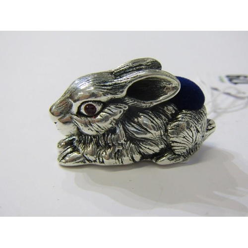 179 - LARGE NOVELTY PIN CUSHION, sterling silver pin cushion in the form of a rabbit with red glass eyes, ... 