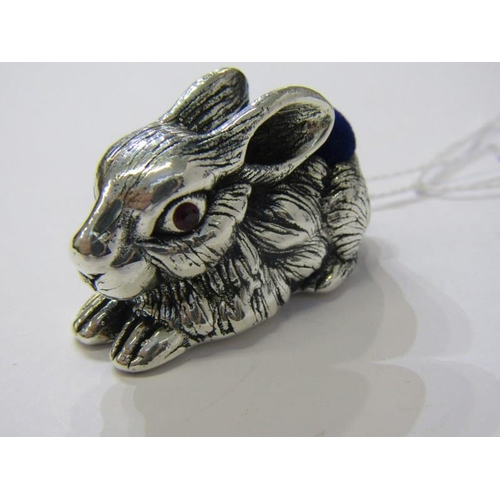 179 - LARGE NOVELTY PIN CUSHION, sterling silver pin cushion in the form of a rabbit with red glass eyes, ... 