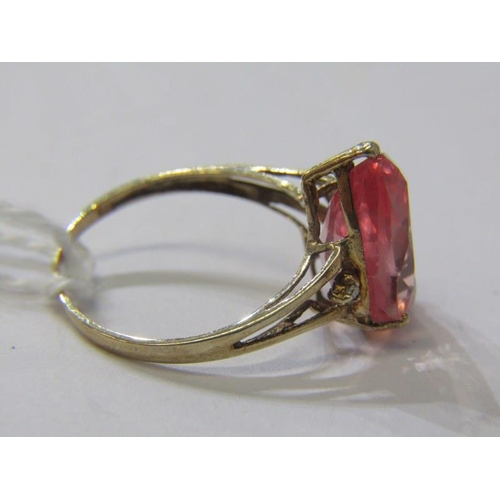 181 - 9ct GOLD RING, 9ct yellow gold ring, set a pear shaped stone, possibly morganite, with diamonds to e... 