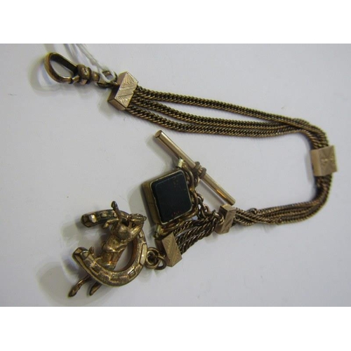 184 - ALBERTINE CHAIN, plated 3 strand watch chain with stone swivel fob and lucky horse shoe, 10