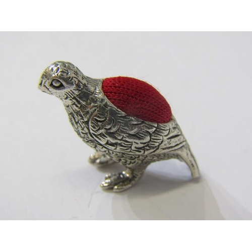 189 - NOVELTY PIN CUSHION, silver pin cushion in the form of a grouse, marked 925