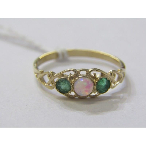 192 - EMERALD & OPAL RING, 9ct yellow gold ring, set a central opal, flanked by 2 emeralds, size P