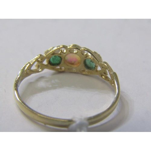 192 - EMERALD & OPAL RING, 9ct yellow gold ring, set a central opal, flanked by 2 emeralds, size P