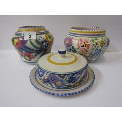 2 - POOLE, 2 floral decorated posy vases, together with bluebird pattern butter dish