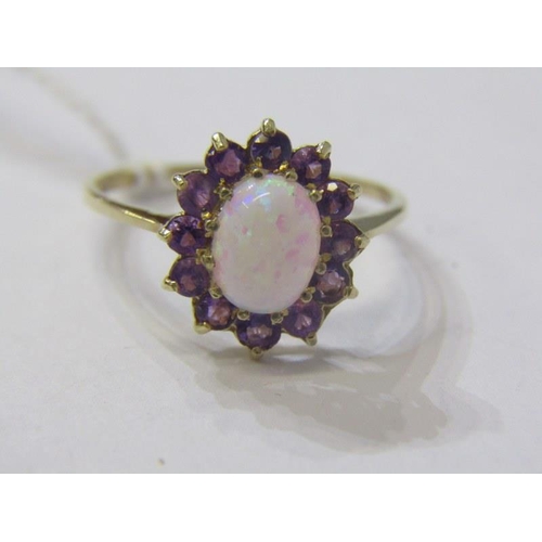 203 - OPAL & AMETHYST RING, 9ct yellow gold ring, set a central opal surrounded by a cluster of amethysts,... 