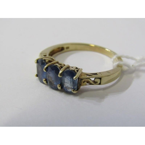 211 - 3 STONE SAPPHIRE RING, 9ct yellow gold ring, set 3 well matched pale sapphires, size N