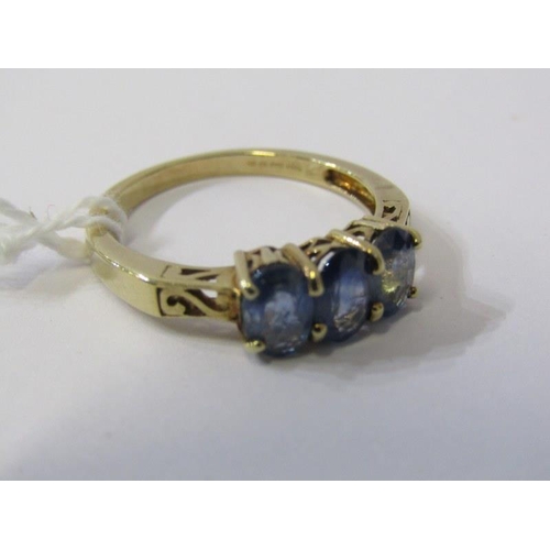 211 - 3 STONE SAPPHIRE RING, 9ct yellow gold ring, set 3 well matched pale sapphires, size N