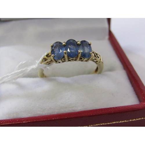 211 - 3 STONE SAPPHIRE RING, 9ct yellow gold ring, set 3 well matched pale sapphires, size N