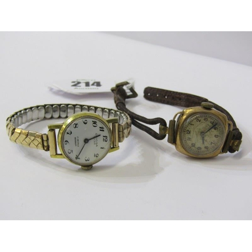 214 - VINTAGE GOLD WRIST WATCH, 1930s vintage gold cased wrist watch on shoelace style strap, together wit... 