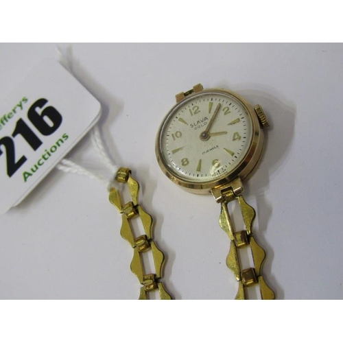 216 - LADY'S GOLD CASED WRIST WATCH, lady's Slava 17 jewel wrist watch on plated strap, strap a/f, 11.2 gr... 