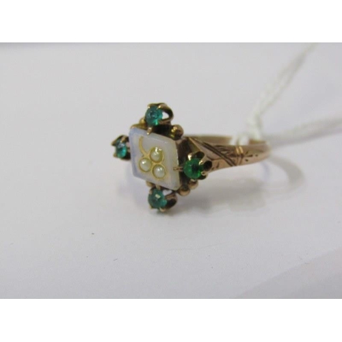 218 - ANTIQUE RING, A central plaque decorated 3 pearls with 4  emeralds to the outer on a 14ct yellow gol... 