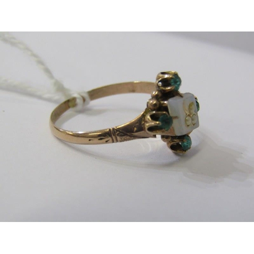 218 - ANTIQUE RING, A central plaque decorated 3 pearls with 4  emeralds to the outer on a 14ct yellow gol... 