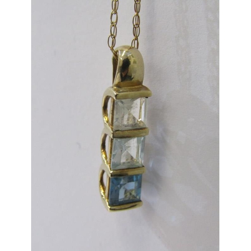 221 - 9ct GOLD FRAMED 3 STONE PENDANT, on fine link 9ct gold 18