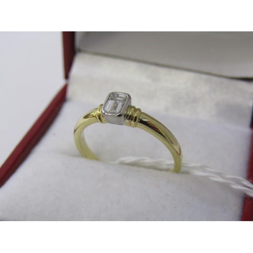 223 - DIAMOND SOLITAIRE RING, 18ct yellow gold ring, set emerald cut diamond 0.33 carat, size O