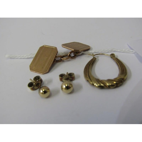 233 - GOLD ITEMS, 1 x 9ct gold cuff link, pair of stud earrings and 1 hoop earring, 4.9 grams total