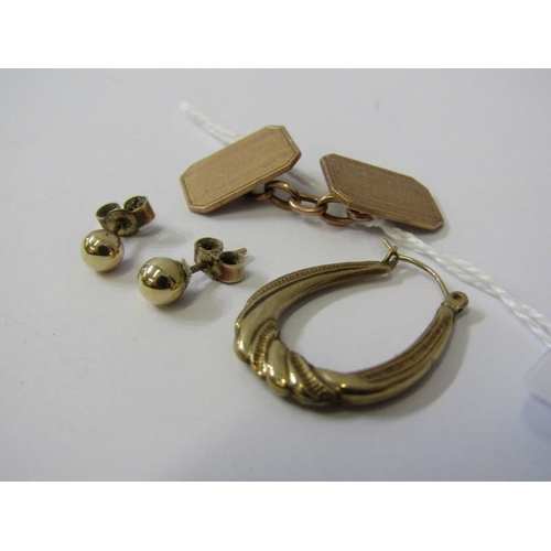 233 - GOLD ITEMS, 1 x 9ct gold cuff link, pair of stud earrings and 1 hoop earring, 4.9 grams total