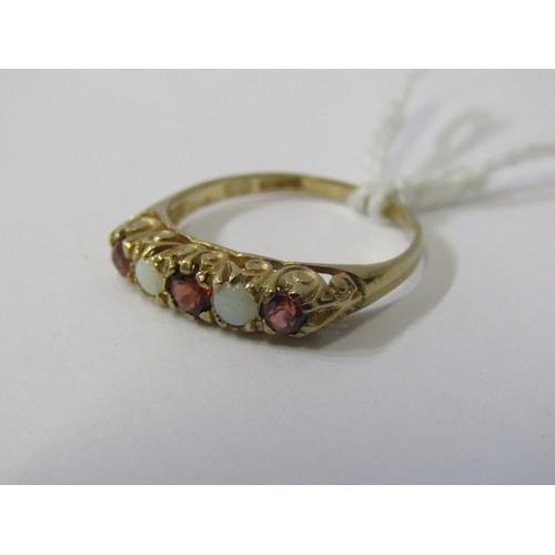 236 - 9ct GOLD 5 STONE RING, 9ct yellow gold ring set opals and pink stones, possibly mystic topaz, size O