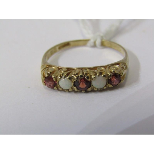 236 - 9ct GOLD 5 STONE RING, 9ct yellow gold ring set opals and pink stones, possibly mystic topaz, size O