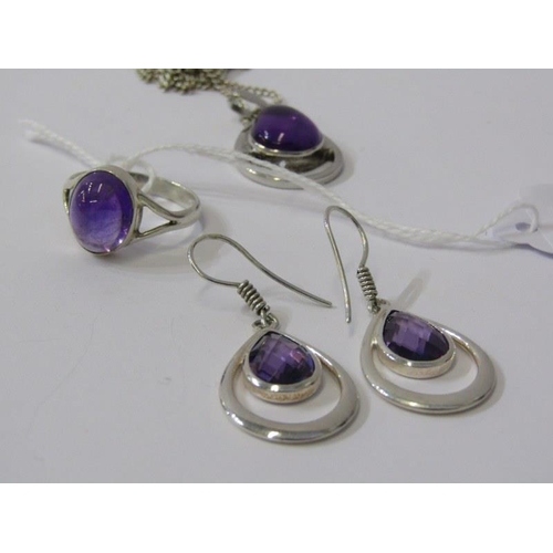 237 - SUITE OF SILVER & AMETHYST JEWELLERY, silver and amethyst dress ring, silver and amethyst pendant on... 