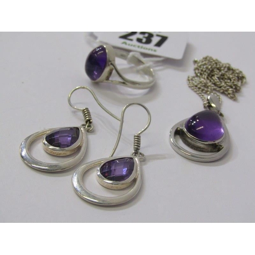 237 - SUITE OF SILVER & AMETHYST JEWELLERY, silver and amethyst dress ring, silver and amethyst pendant on... 