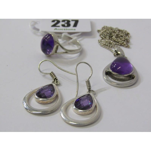 237 - SUITE OF SILVER & AMETHYST JEWELLERY, silver and amethyst dress ring, silver and amethyst pendant on... 