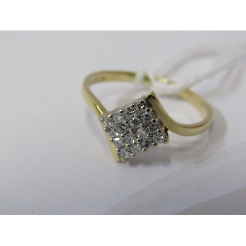 238 - DIAMOND CLUSTER RING, 18ct yellow gold ring set a lozenge form cluster of diamonds in a cross over s... 