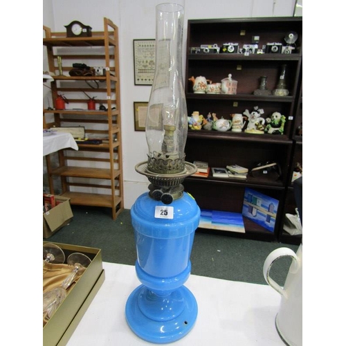 25 - VICTORIAN OIL LAMP, blue milk glass oil lamp