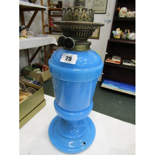 25 - VICTORIAN OIL LAMP, blue milk glass oil lamp