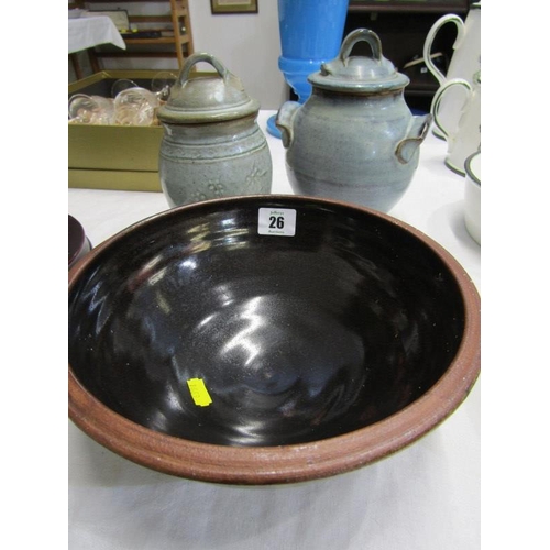 26 - STUDIO POTTERY, brown glazed fruit bowl and 2 lidded jars