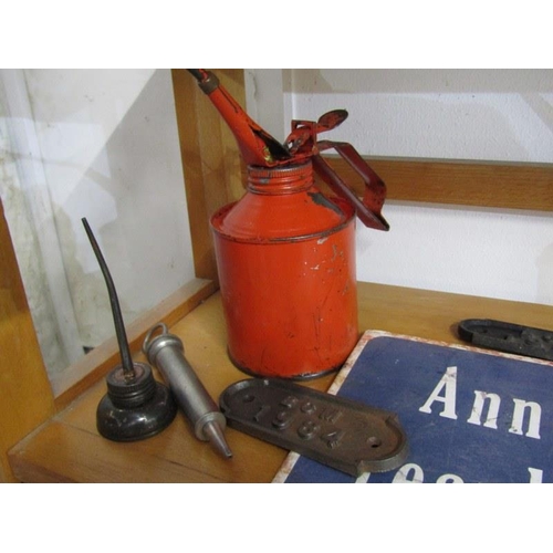 37 - VINTAGE OIL CAN, spoke shave novelty sign and contents of shelf