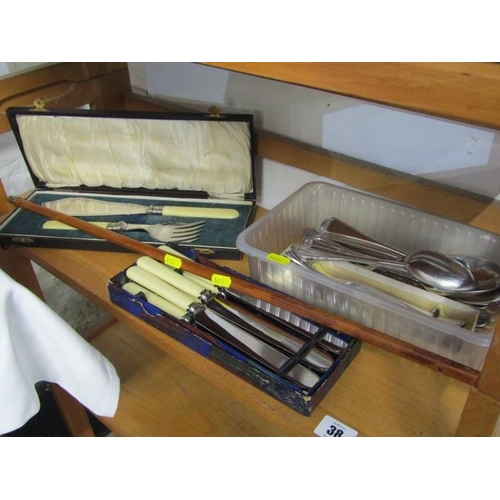 38 - CUTLERY, cased fish servers, swagger stick and other cutlery