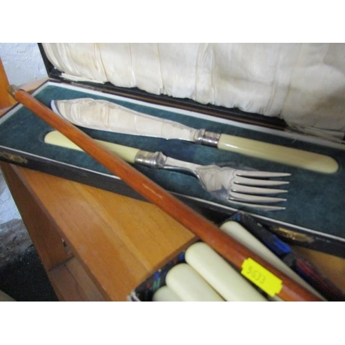 38 - CUTLERY, cased fish servers, swagger stick and other cutlery