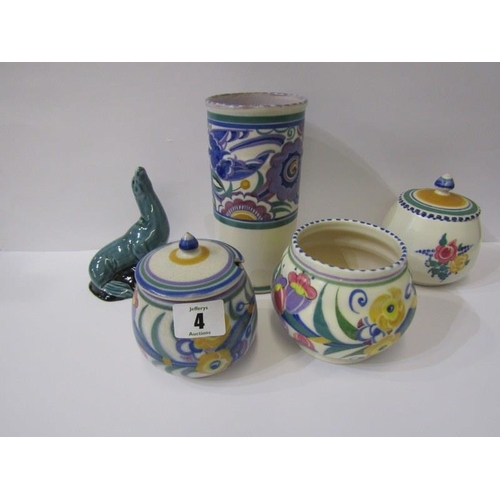 4 - POOLE, 2 floral decorated preserve pots, cylindrical bluebird pattern vase and blue glaze seal