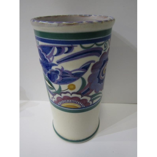 4 - POOLE, 2 floral decorated preserve pots, cylindrical bluebird pattern vase and blue glaze seal