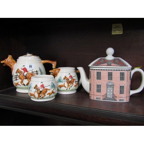 41 - HUNTING, 3 piece hunting design tea service and Carlton mansion design tea pot