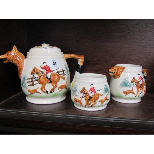 41 - HUNTING, 3 piece hunting design tea service and Carlton mansion design tea pot