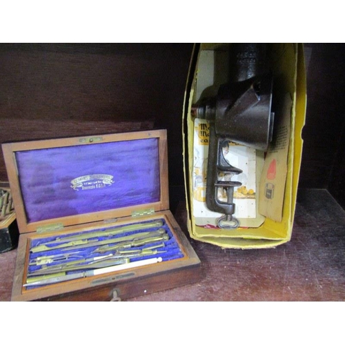 55 - VICTORIAN ROSEWOOD CASED DRAUGHTSMAN SET, together with vintage marmalade slicer