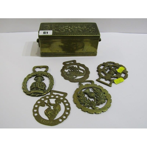 61 - HORSE BRASSES, 5 reproduction horse brasses, together with antique design decorative storage box