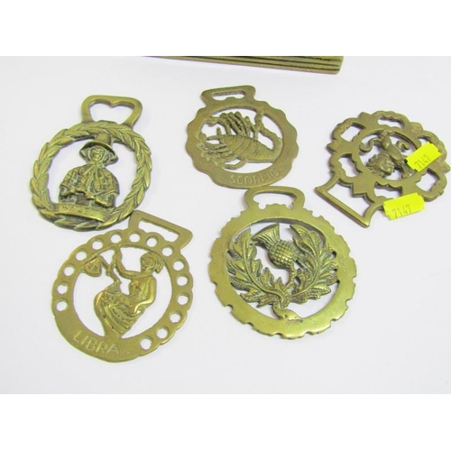 61 - HORSE BRASSES, 5 reproduction horse brasses, together with antique design decorative storage box