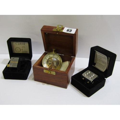 63 - CRICKET BALL DESIGN REPLICA CLOCK, in teak case, together with 2 novelty clocks