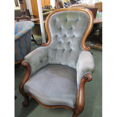 641 - VICTORIAN SPOONBACK ARMCHAIR, with walnut framed button back armchair, upholstered in blue