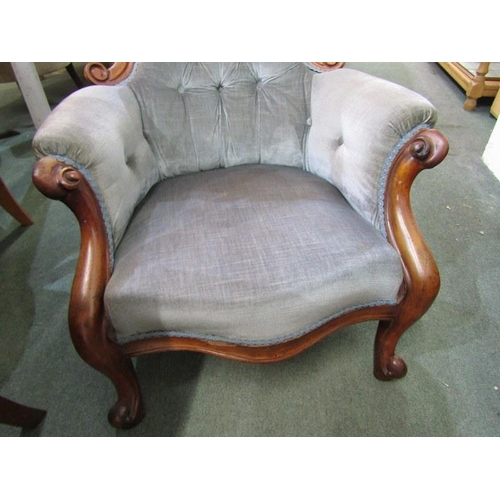 641 - VICTORIAN SPOONBACK ARMCHAIR, with walnut framed button back armchair, upholstered in blue