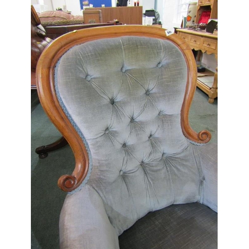 641 - VICTORIAN SPOONBACK ARMCHAIR, with walnut framed button back armchair, upholstered in blue