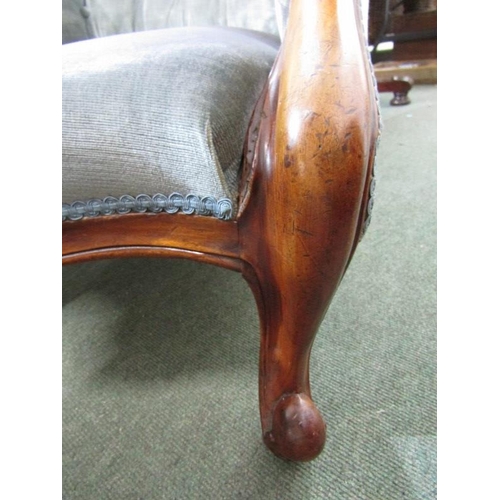 641 - VICTORIAN SPOONBACK ARMCHAIR, with walnut framed button back armchair, upholstered in blue