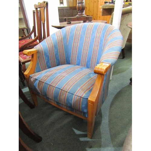 642 - MODERN TUB CHAIR, with blue and gold stripped upholstery