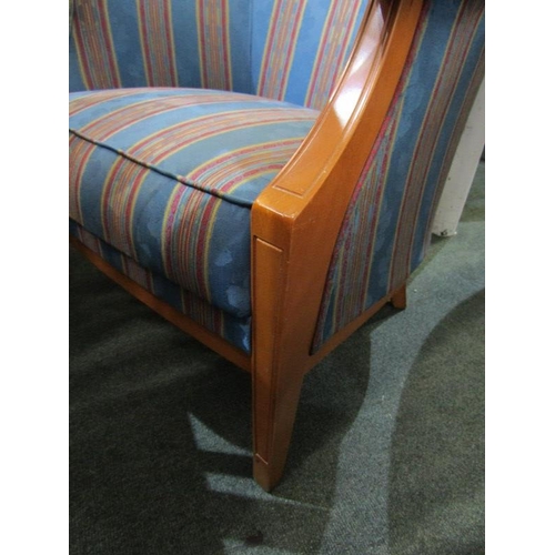 642 - MODERN TUB CHAIR, with blue and gold stripped upholstery