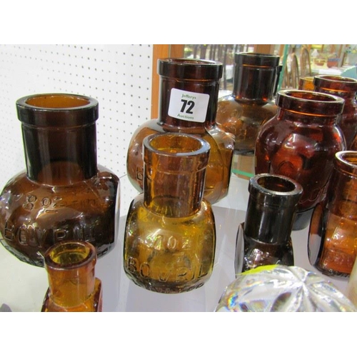 72 - ADVERTISING, collection of vintage Bovril bottles, also cut glass paper weight, etc